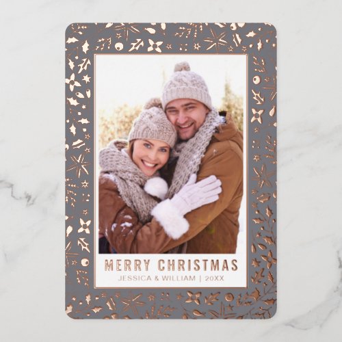 Elegant Christmas Foliage 2 Photo Rose Gold Foil Holiday Card