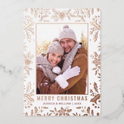 Elegant Christmas Foliage 2 Photo Rose Gold Foil Holiday Card