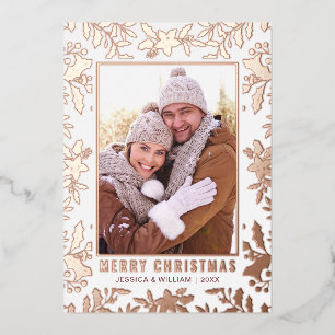 Elegant Christmas Foliage 2 Photo Rose Gold Foil Holiday Card
