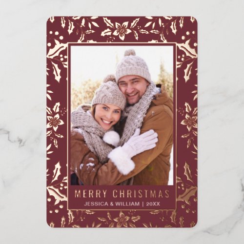 Elegant Christmas Foliage 2 Photo Rose Gold Foil Holiday Card