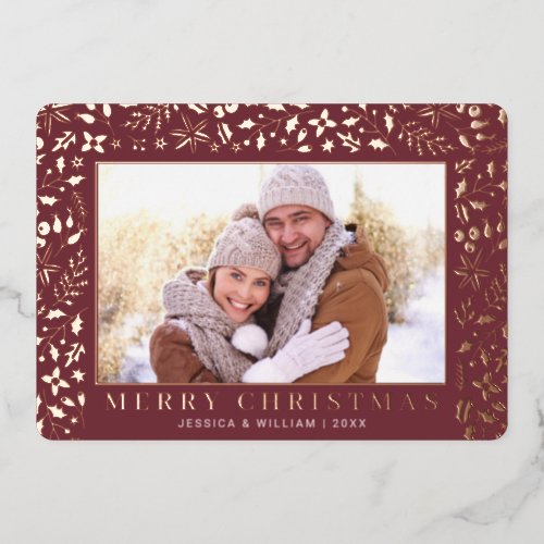 Elegant Christmas Foliage 2 Photo Rose Gold Foil Holiday Card