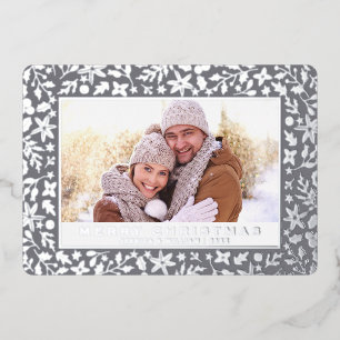 Elegant Christmas Foliage 2 Photo Silver Foil Holiday Card