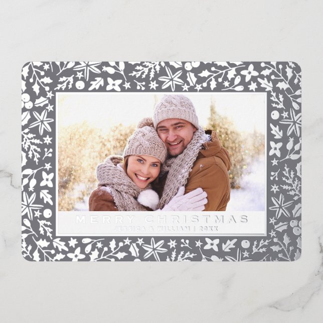 Elegant Christmas Foliage 2 Photo Silver Foil Holiday Card (Front)