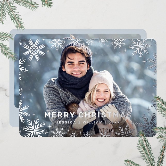 Elegant Christmas Foliage 2 Photo Silver Foil Holiday Card (Creator Uploaded)