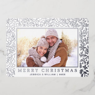 Elegant Christmas Foliage 2 Photo Silver Foil Holiday Card