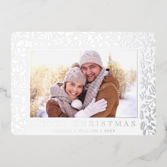 Elegant Christmas Foliage 2 Photo Silver Foil Holiday Card (Front)