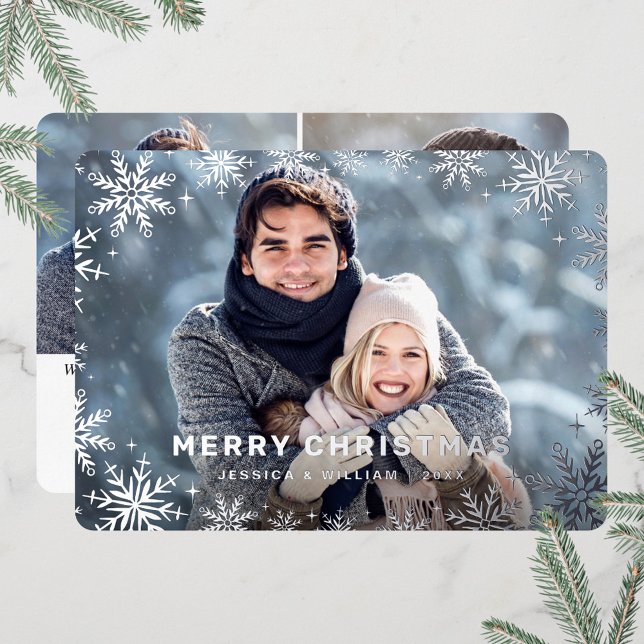 Elegant Christmas Foliage 3 Photo Silver Foil Holiday Card (Creator Uploaded)