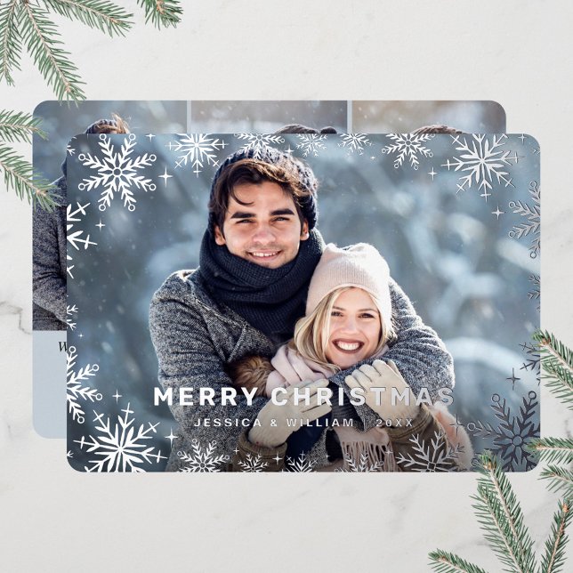 Elegant Christmas Foliage 4 Photo Silver Foil Holiday Card (Creator Uploaded)