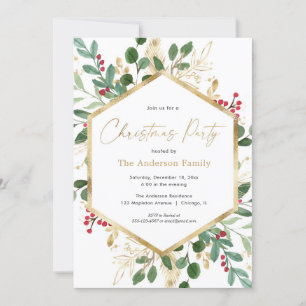 Elegant Christmas foliage greenery red gold Invitation