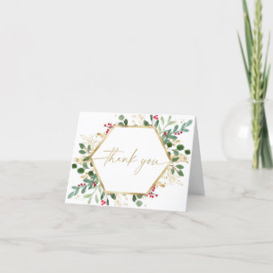Elegant Christmas foliage greenery red gold Letterpress Thank You Card