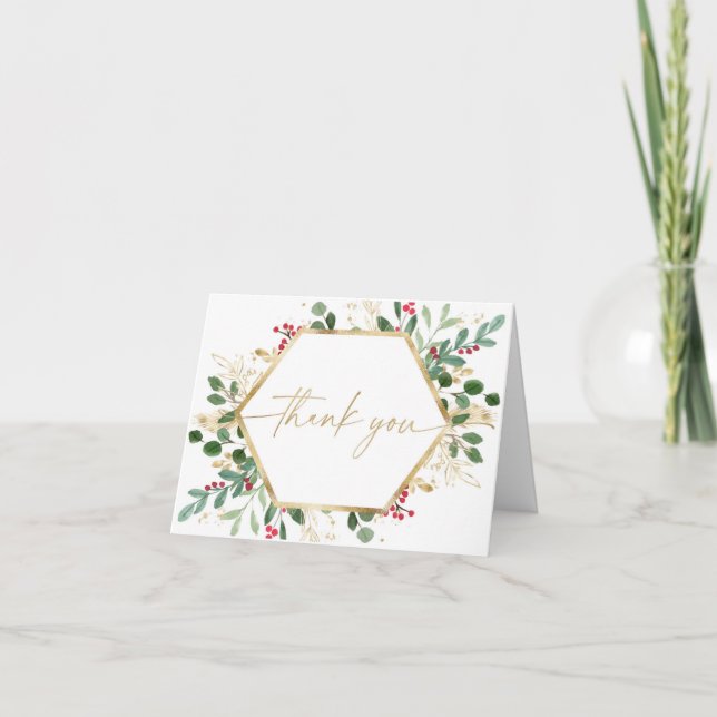 Elegant Christmas foliage greenery red gold Thank You Card (Front)