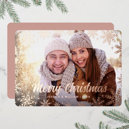 Elegant Christmas Foliage Photo Rose Gold Foil Holiday Card