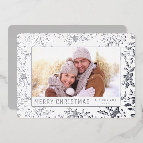 Elegant Christmas Foliage Photo Rose Silver Foil Holiday Card