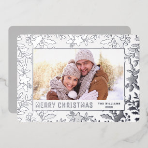 Elegant Christmas Foliage Photo Rose Silver Foil Holiday Card