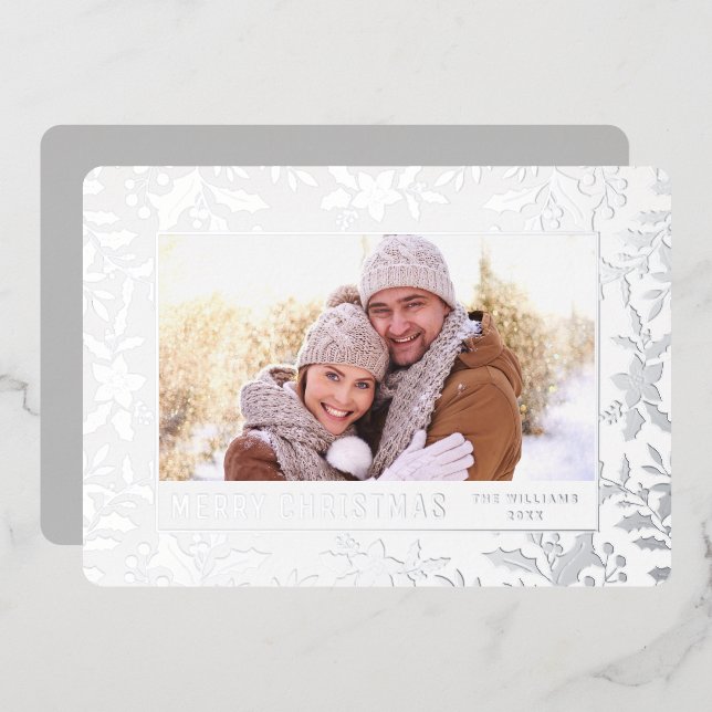 Elegant Christmas Foliage Photo Rose Silver Foil Holiday Card (Front/Back)