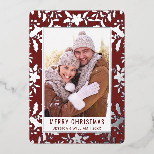 Elegant Christmas Foliage Photo Silver Foil Holiday Card