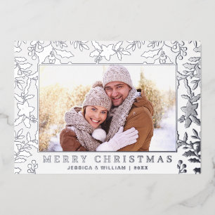 Elegant Christmas Foliage Photo Silver Foil Holiday Card
