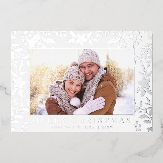 Elegant Christmas Foliage Photo Silver Foil Holiday Card (Front)