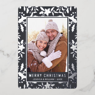 Elegant Christmas Foliage Photo Silver Foil Holiday Card