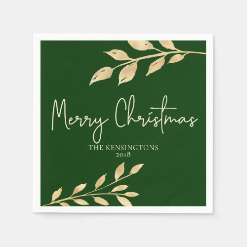 Elegant Christmas Forest Green and Gold Leaves Napkins