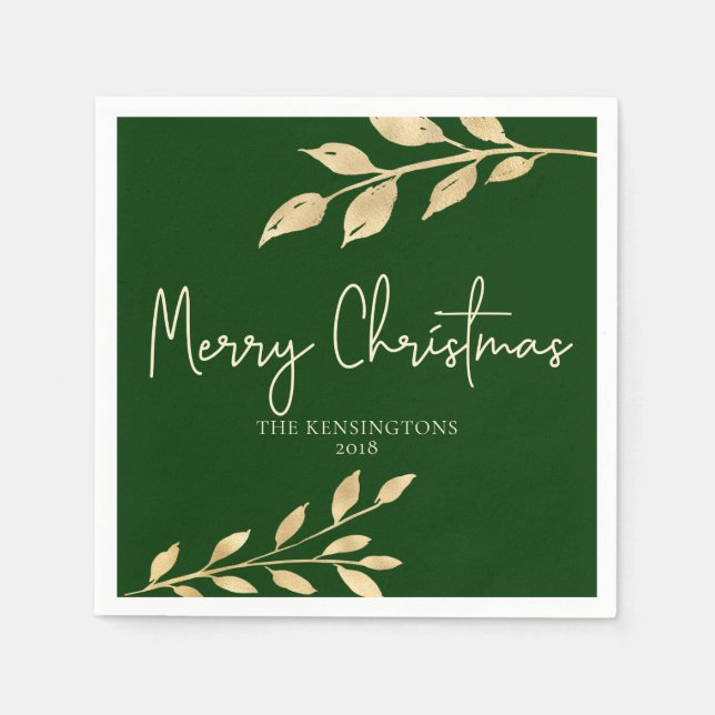 Elegant Christmas Forest Green and Gold Leaves Napkins (Front)