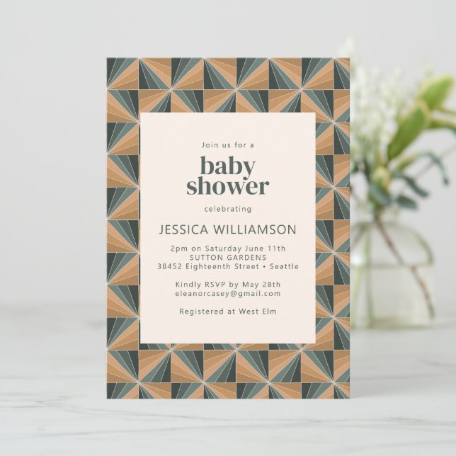 Elegant Christmas Geometric Green Baby Shower Invitation (Standing Front)