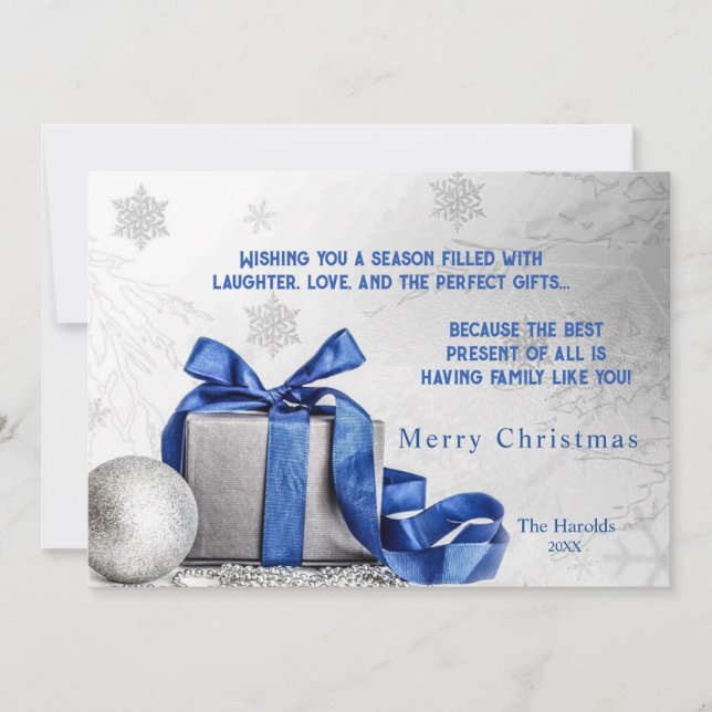 Elegant Christmas Gift Box with Blue Ribbon Holiday Card (Front)
