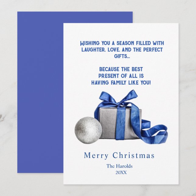 Elegant Christmas Gift Box with Blue Ribbon Holiday Card (Front/Back)
