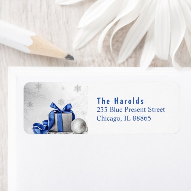 Elegant Christmas Gift Box with Blue Ribbon Label (Insitu)