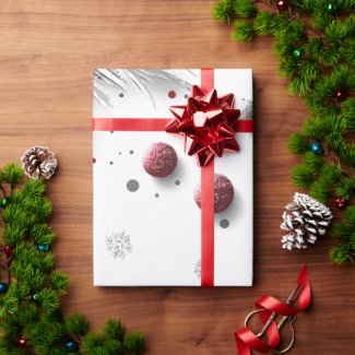 Elegant Christmas Gift Wrap with Red Bow and Ornam