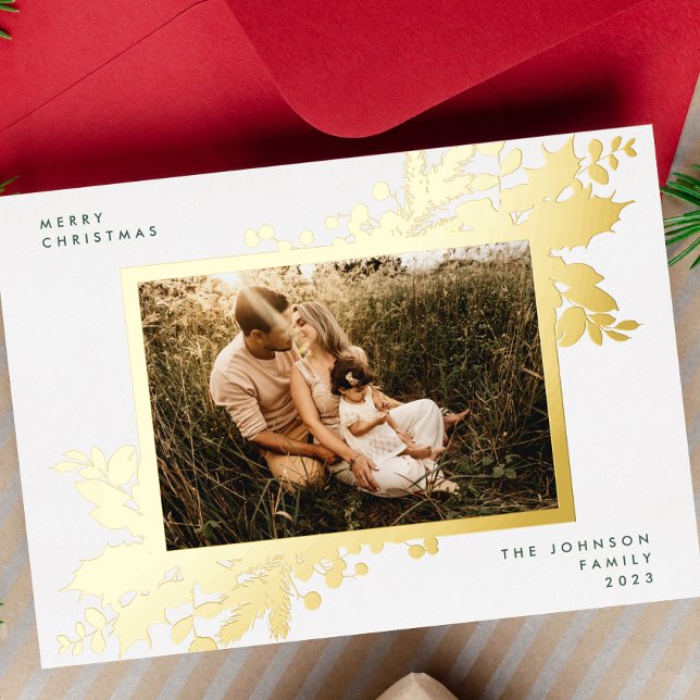  Elegant Christmas Gold Botanical Photo Frame Foil Holiday Card (Creator Uploaded)