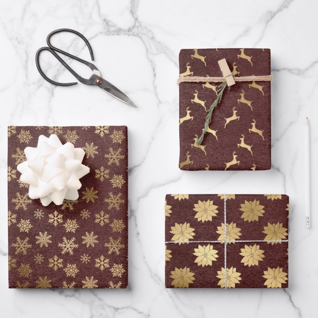 Elegant Christmas Gold Burgundy Kraft    Wrapping Paper Sheets (Front)