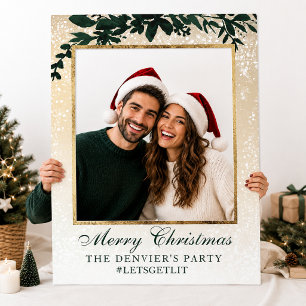 Elegant Christmas Gold Glitter Greenery Booth Selfie Frame