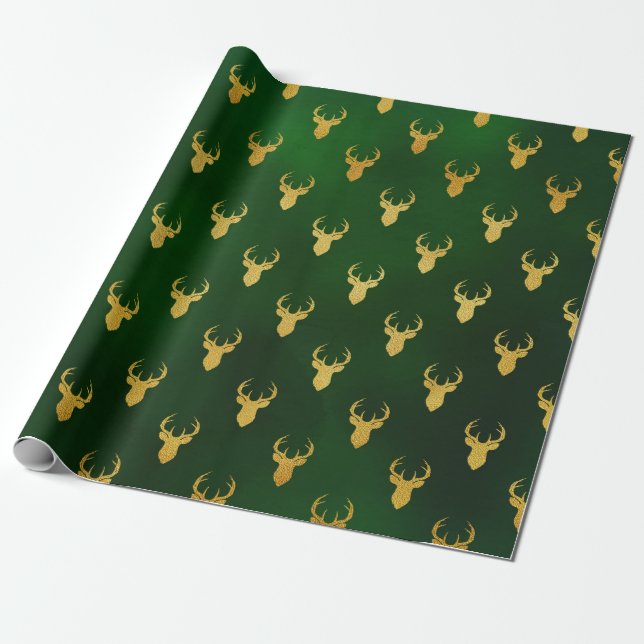 Elegant Christmas Gold Green Reindeer Pattern Gift Wrapping Paper (Unrolled)