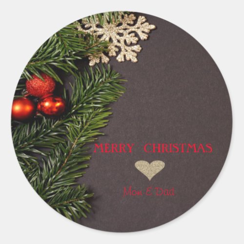 Elegant Christmas Gold HeartBallsBranches Classic Round Sticker