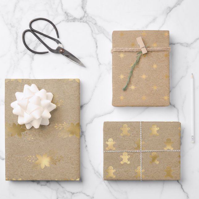 Elegant Christmas Gold Kraft   Wrapping Paper Sheets (Front)