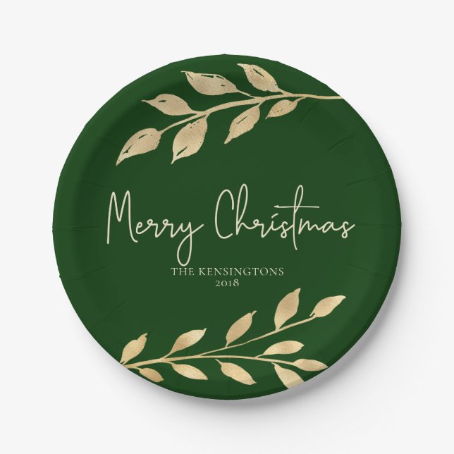 Elegant Christmas Gold Leaves Forest Green Paper Plates (Front)