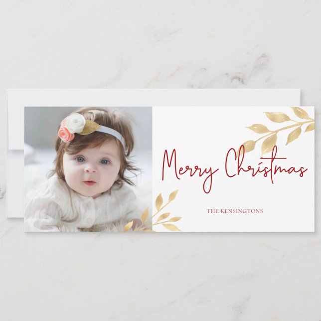 Elegant Christmas Gold Leaves Holiday Photo Card (Front)