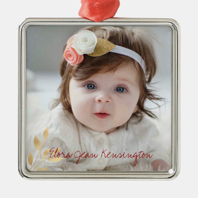Elegant Christmas Gold Leaves Holiday Photo Metal Ornament (Front)