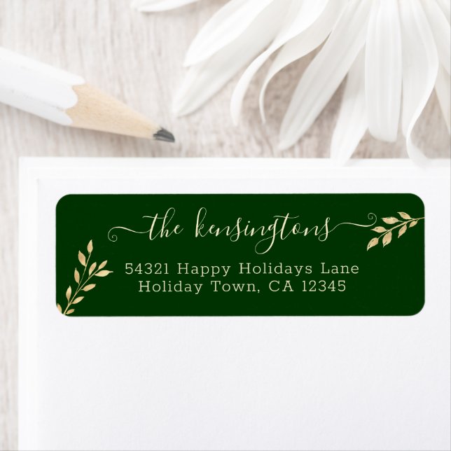 Elegant Christmas Gold Leaves on Forest Green Labe Label (Insitu)