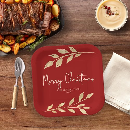 Elegant Christmas Gold Leaves on Holiday Red Paper Plates