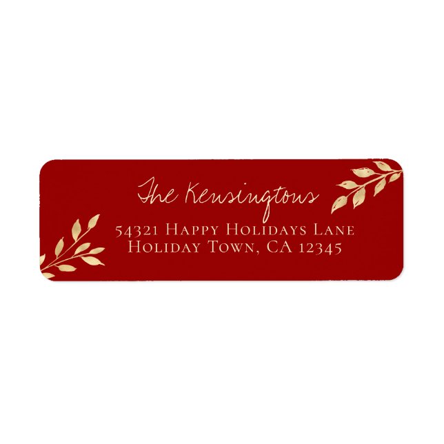 Elegant Christmas Gold Leaves on Winter Red Label (Front)