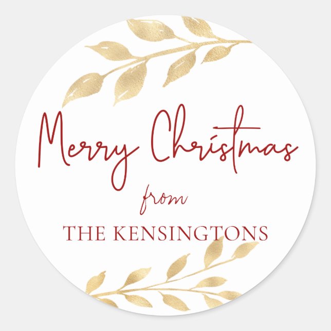 Elegant Christmas Gold Leaves Typography Classic Round Sticker (Front)