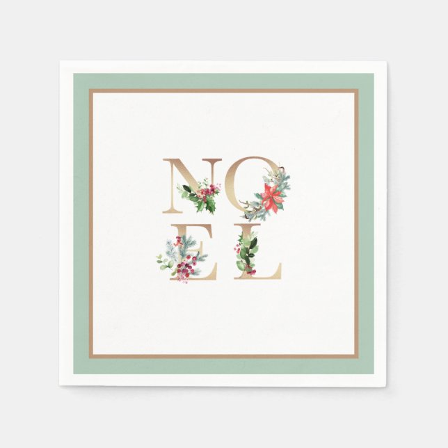 Elegant Christmas Gold Noel Greenery Berries Green Napkins (Front)