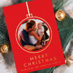 elegant christmas gold tree ornament red two photo foil holiday card<br><div class="desc">Merry Christmas Red Golden Multi Photo Ornament Foil Holiday Card and your photo on the back.</div>