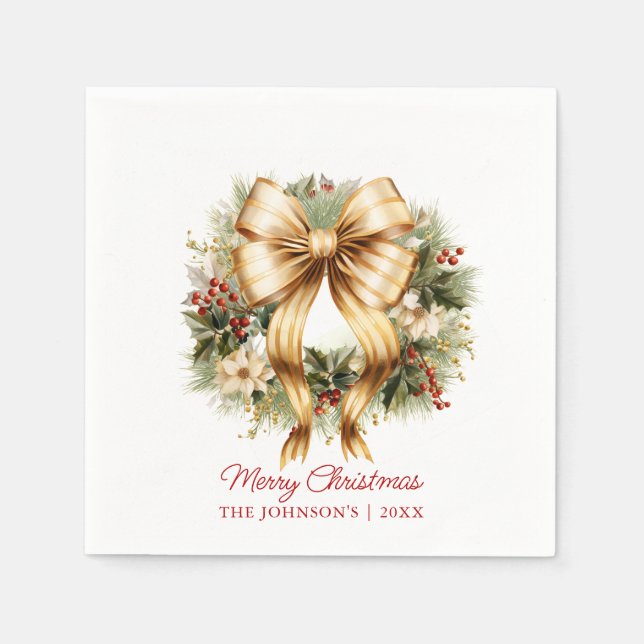 Elegant Christmas Gold Wreath Happy Holidays Napkins (Front)