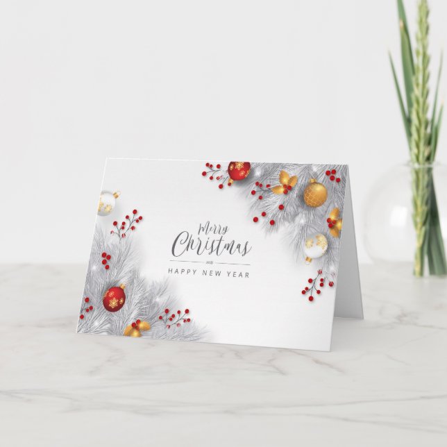 Elegant Christmas Golden Red Ornaments Holly White Card (Front)