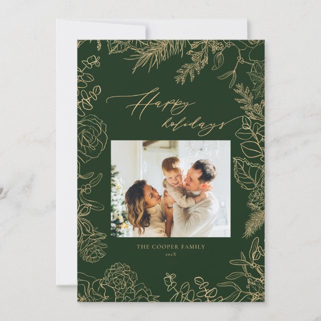 Elegant Christmas Green & Gold Photo Holiday Card (Front)