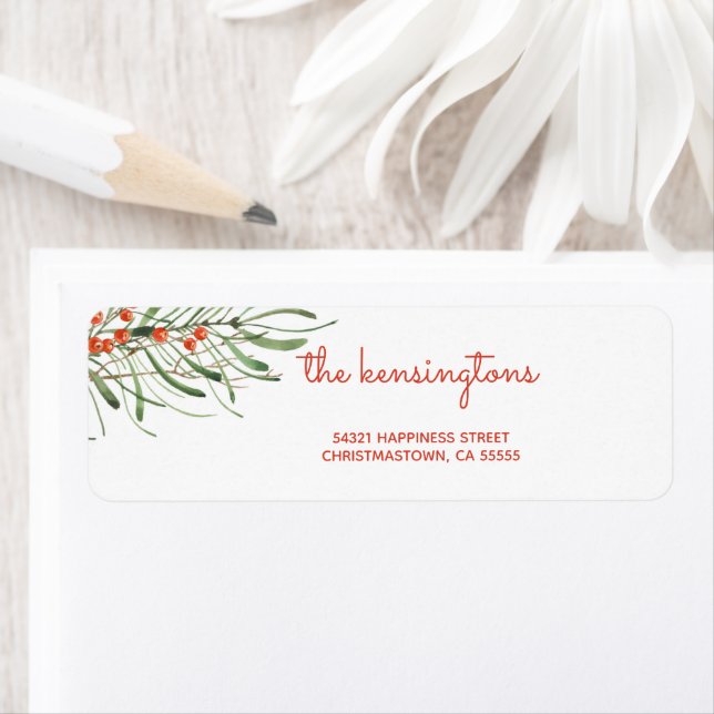Elegant Christmas Greenery Berries Watercolor Label (Insitu)