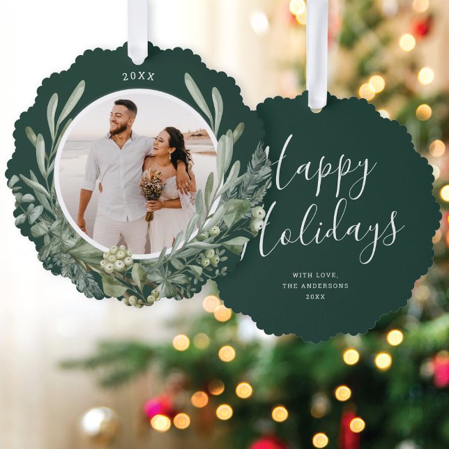 Elegant Christmas Greenery Botanical Photo Holiday Ornament Card (Creator Uploaded)